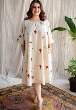 Kayra Off White Ajrakh Cotton Anti-Fit Dress with Hand Embroidery