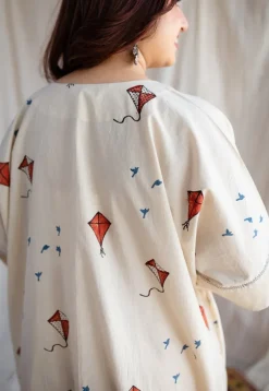 Kayra Off White Ajrakh Cotton Anti-Fit Dress with Hand Embroidery
