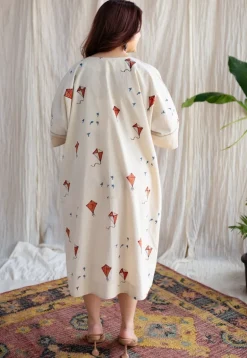 Kayra Off White Ajrakh Cotton Anti-Fit Dress with Hand Embroidery
