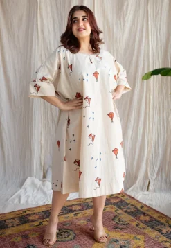 Kayra Off White Ajrakh Cotton Anti-Fit Dress with Hand Embroidery