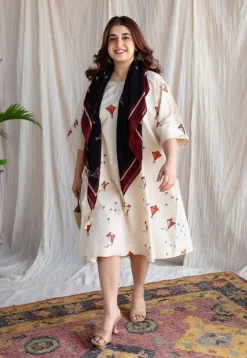 Kayra Off White Ajrakh Cotton Anti-Fit Dress with Hand Embroidery