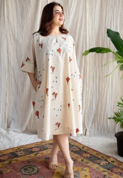 Kayra Off White Ajrakh Cotton Anti-Fit Dress with Hand Embroidery