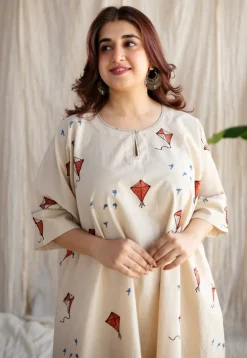 Kayra Off White Ajrakh Cotton Anti-Fit Dress with Hand Embroidery