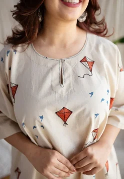 Kayra Off White Ajrakh Cotton Anti-Fit Dress with Hand Embroidery