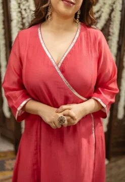 Ketika Crimson Angrakha Chanderi Silk Gota Patti Kurta Set (Set of 3)