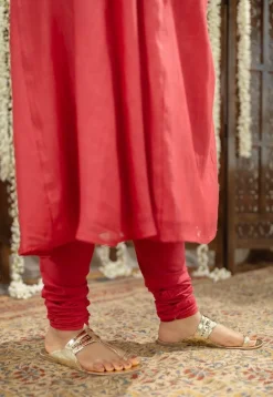 Ketika Crimson Angrakha Chanderi Silk Gota Patti Kurta Set (Set of 3)