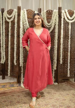 Ketika Crimson Angrakha Chanderi Silk Gota Patti Kurta Set (Set of 3)