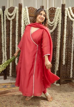 Ketika Crimson Angrakha Chanderi Silk Gota Patti Kurta Set (Set of 3)