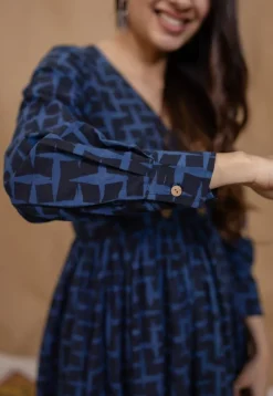 Kimaya Indigo Ajrakh Cotton A Line Dress
