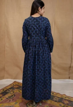 Kimaya Indigo Ajrakh Cotton A Line Dress