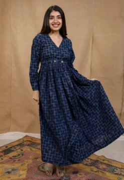 Kimaya Indigo Ajrakh Cotton A Line Dress