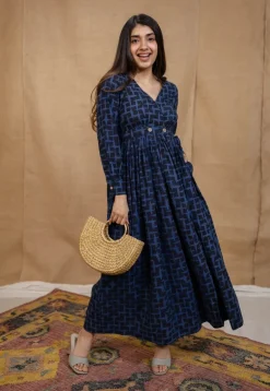 Kimaya Indigo Ajrakh Cotton A Line Dress