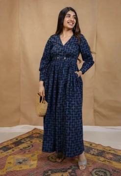 Kimaya Indigo Ajrakh Cotton A Line Dress