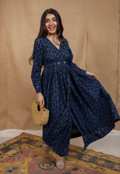 Kimaya Indigo Ajrakh Cotton A Line Dress
