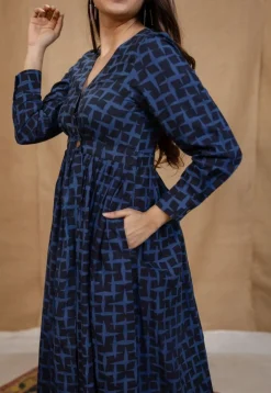 Kimaya Indigo Ajrakh Cotton A Line Dress