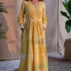 Kimaya Yellow A Line Dabu Slub Cotton Dress