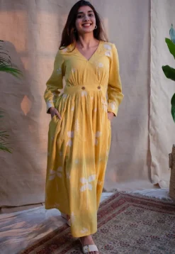 Kimaya Yellow A Line Dabu Slub Cotton Dress