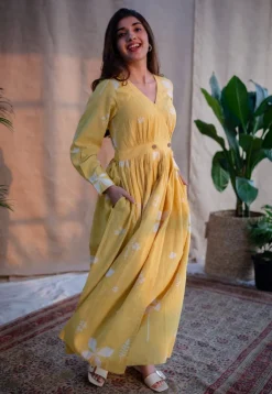 Kimaya Yellow A Line Dabu Slub Cotton Dress