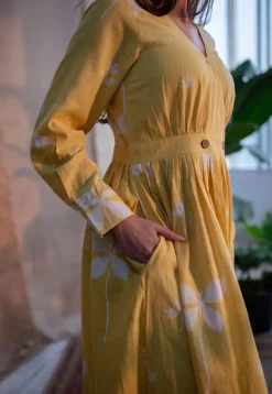 Kimaya Yellow A Line Dabu Slub Cotton Dress