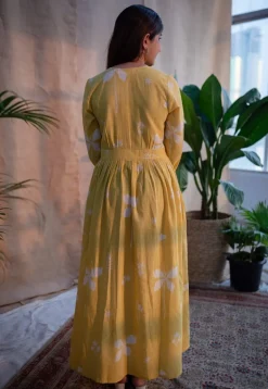 Kimaya Yellow A Line Dabu Slub Cotton Dress