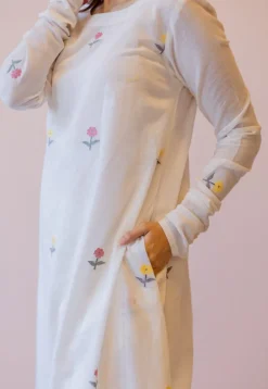 Kiran Off White Jamdani Handspun Handwoven Cotton A Line Kurta