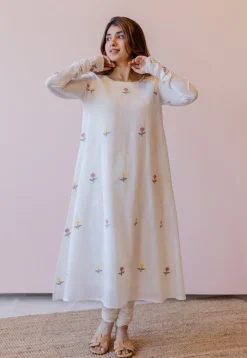 Kiran Off White Jamdani Handspun Handwoven Cotton A Line Kurta