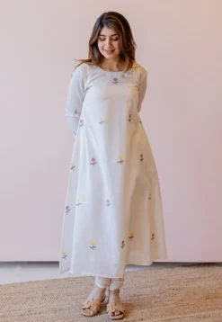 Kiran Off White Jamdani Handspun Handwoven Cotton A Line Kurta