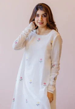 Kiran Off White Jamdani Handspun Handwoven Cotton A Line Kurta