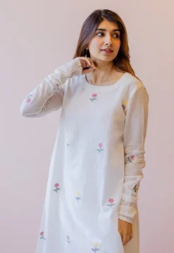 Kiran Off White Jamdani Handspun Handwoven Cotton A Line Kurta