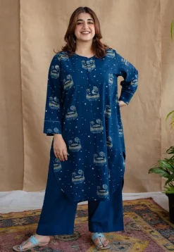 Kochi Indigo Ajrakh Cotton Straight Kurta with Hand Embroidery
