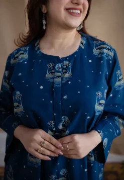 Kochi Indigo Ajrakh Cotton Straight Kurta with Hand Embroidery