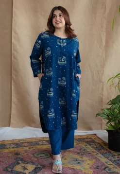 Kochi Indigo Ajrakh Cotton Straight Kurta with Hand Embroidery