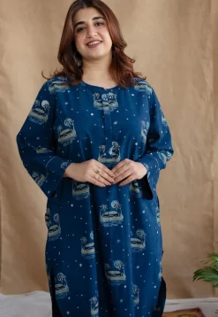 Kochi Indigo Ajrakh Cotton Straight Kurta with Hand Embroidery