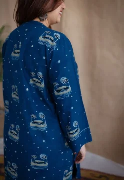 Kochi Indigo Ajrakh Cotton Straight Kurta with Hand Embroidery