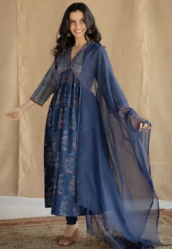 Kriti Indigo Ajrakh Cotton A Line Kurta with Hand Embroidery