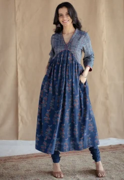 Kriti Indigo Ajrakh Cotton A Line Kurta with Hand Embroidery