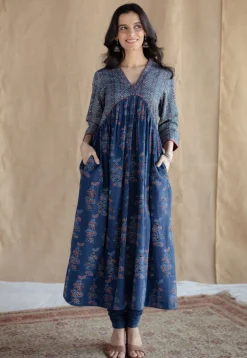 Kriti Indigo Ajrakh Cotton A Line Kurta with Hand Embroidery