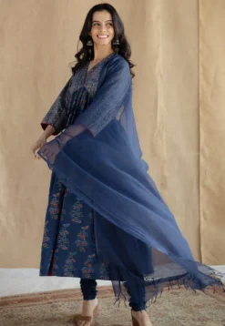 Kriti Indigo Ajrakh Cotton A Line Kurta with Hand Embroidery
