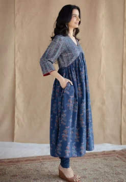 Kriti Indigo Ajrakh Cotton A Line Kurta with Hand Embroidery