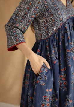 Kriti Indigo Ajrakh Cotton A Line Kurta with Hand Embroidery