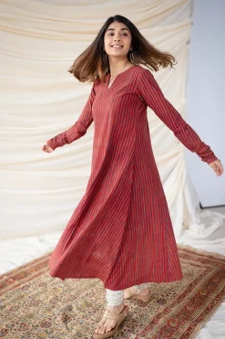 Leena Red Stripe Ajrakh Cotton Kali Kurta