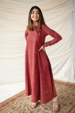 Leena Red Stripe Ajrakh Cotton Kali Kurta