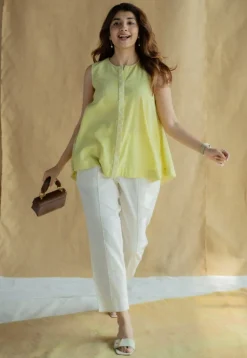 Lina Light Green Solid Slub Cotton A Line Short Top with Hand Embroidery