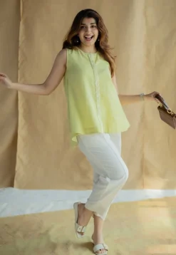 Lina Light Green Solid Slub Cotton A Line Short Top with Hand Embroidery