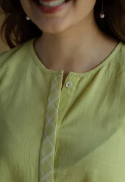 Lina Light Green Solid Slub Cotton A Line Short Top with Hand Embroidery