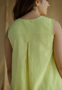 Lina Light Green Solid Slub Cotton A Line Short Top with Hand Embroidery