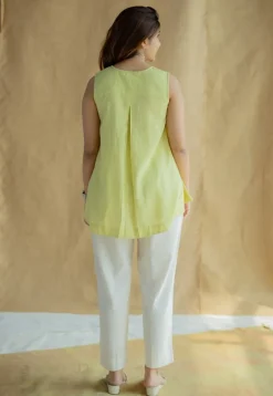 Lina Light Green Solid Slub Cotton A Line Short Top with Hand Embroidery