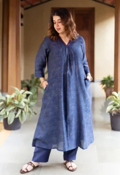 Liyana Dark Indigo Ajrakh Chanderi Silk A Line Kurta with Hand Embroidery