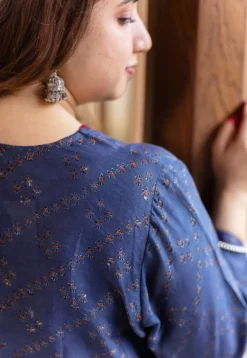 Liyana Dark Indigo Ajrakh Chanderi Silk A Line Kurta with Hand Embroidery
