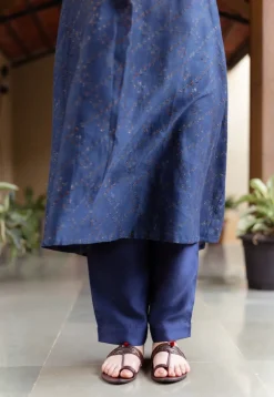 Liyana Dark Indigo Ajrakh Chanderi Silk A Line Kurta with Hand Embroidery